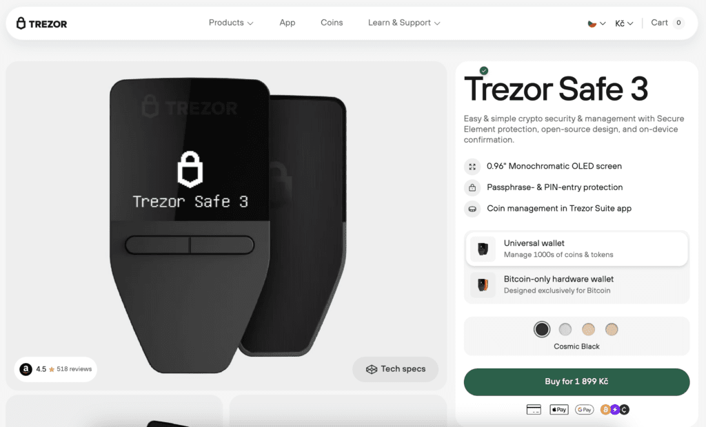 Trezor safe 3 recenze – Screenshot webu