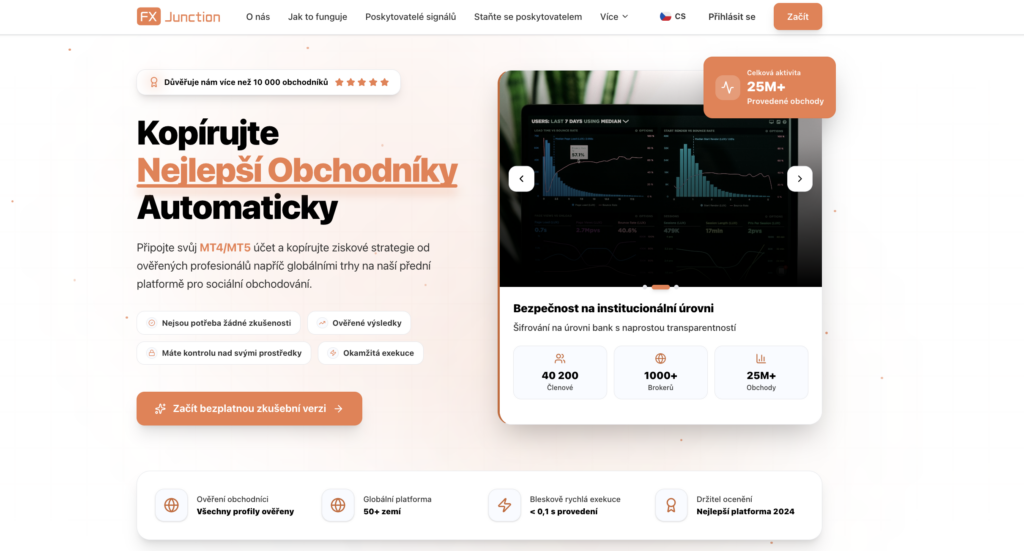 Heroská sekce s velkým černým a oranžovým titulkem Kopírujte Nejlepší Obchodníky Automaticky a doprovodným textem v těle stránky.