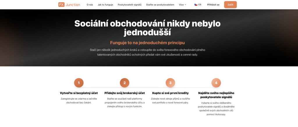 Hlavní hero sekce s českým textem o sociálním obchodování a čtyřkrokovým postupem, na tmavém gradientu.
