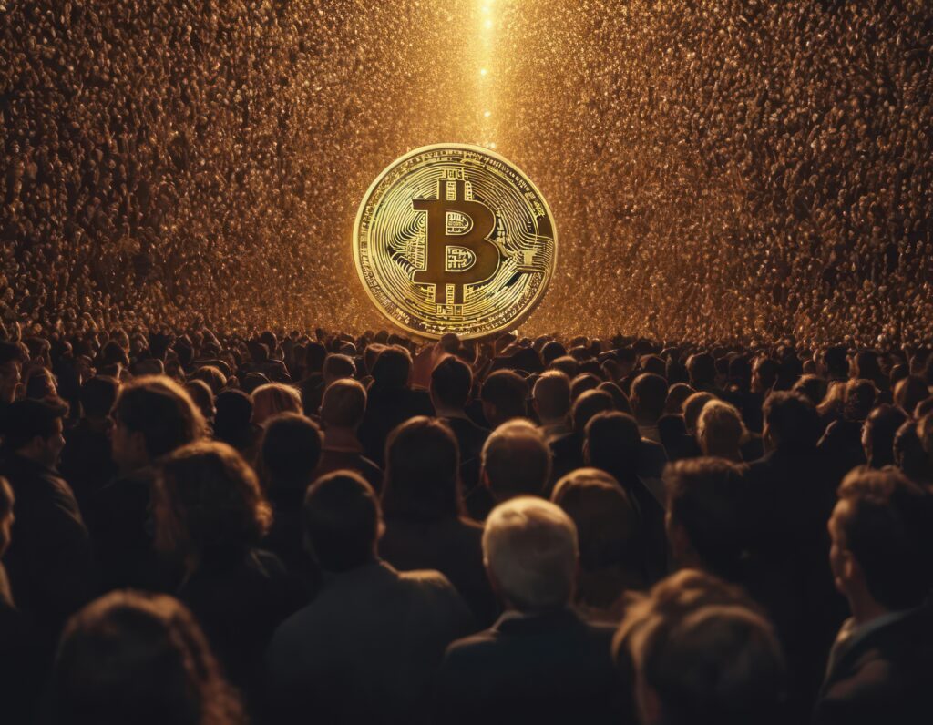 A large crowd of people has gathered around a large standing glowing gold bitcoin coin the light of gold falls on the crowd small gold bitcoin coins fall from above - Crypto-Globe.com Bitcoin
Zdroj Adobe Stock