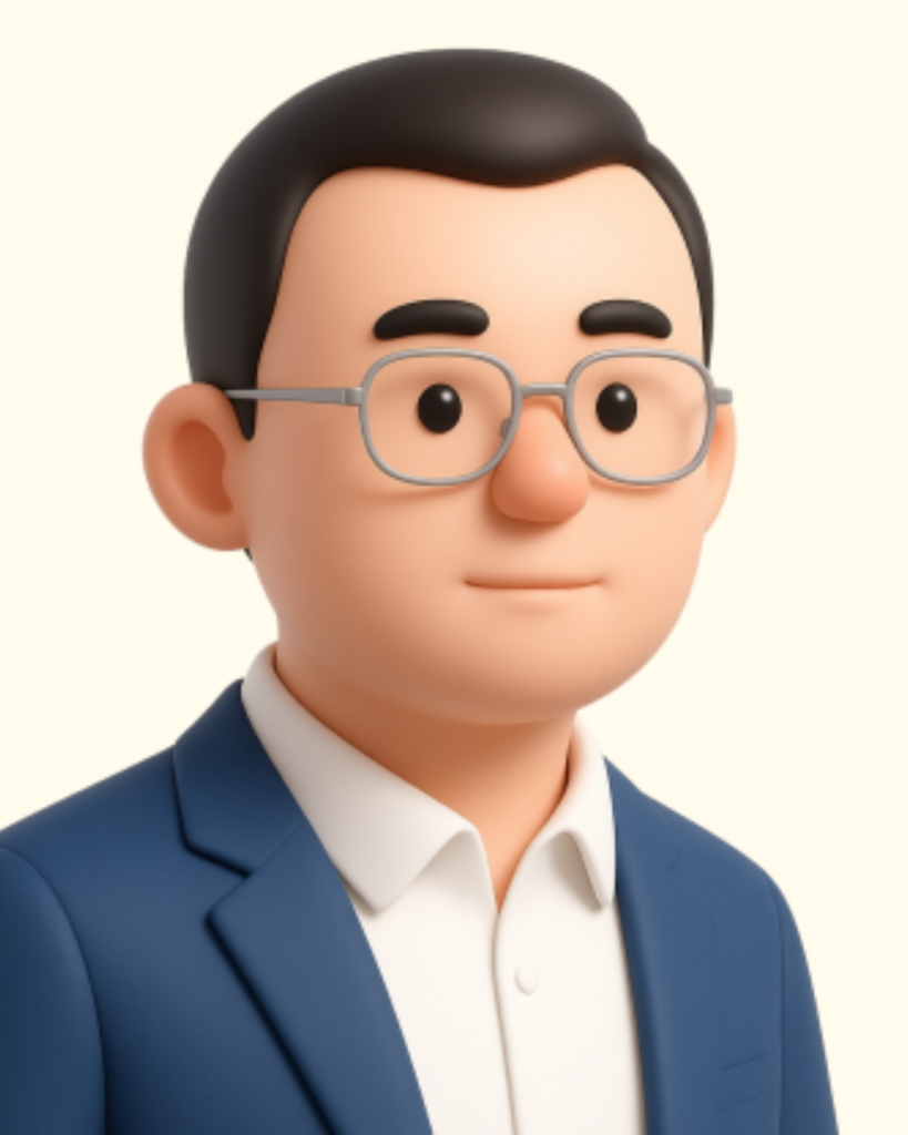 Rozhovory - Tradeinfo 22 - Crypto-Globe.com 3D cartoon avatar of a man with glasses in a navy suit and white shirt, facing forward.