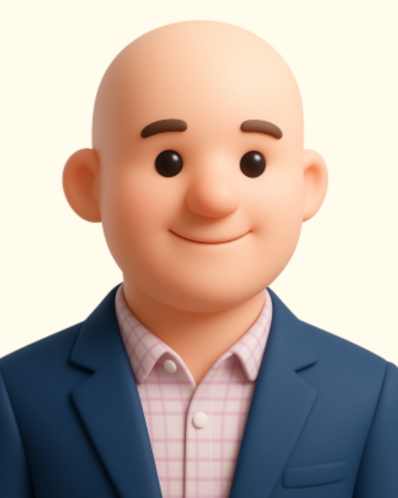 Rozhovory - Tradeinfo 23 - Crypto-Globe.com Cartoon bald man in a navy blazer and pink check shirt, smiling in a friendly avatar portrait