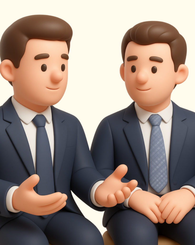Rozhovory - Tradeinfo 24 - Crypto-Globe.com Two cartoon businessmen in dark suits talk, one gesturing with open hands.
