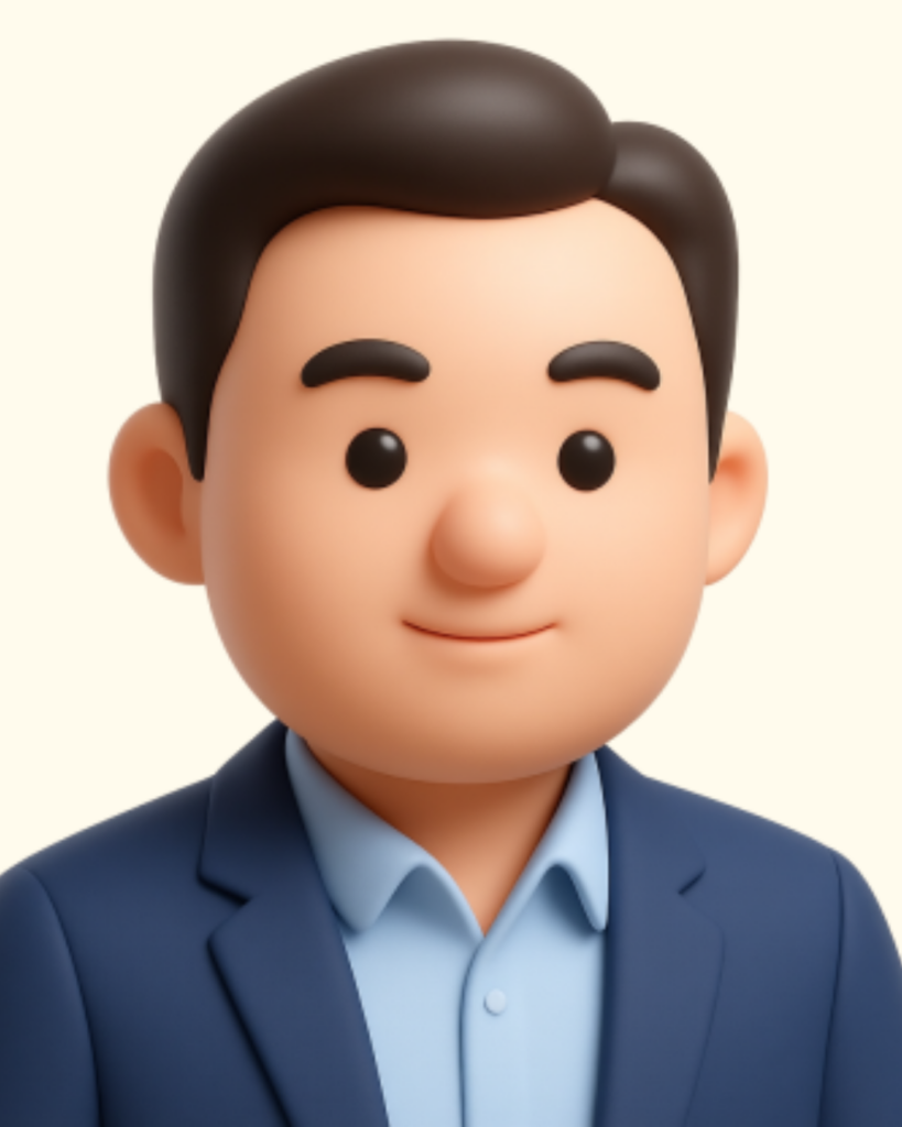 Rozhovory - Tradeinfo 27 - Crypto-Globe.com 3D cartoon avatar of a man wearing a navy blazer and light blue shirt, facing forward