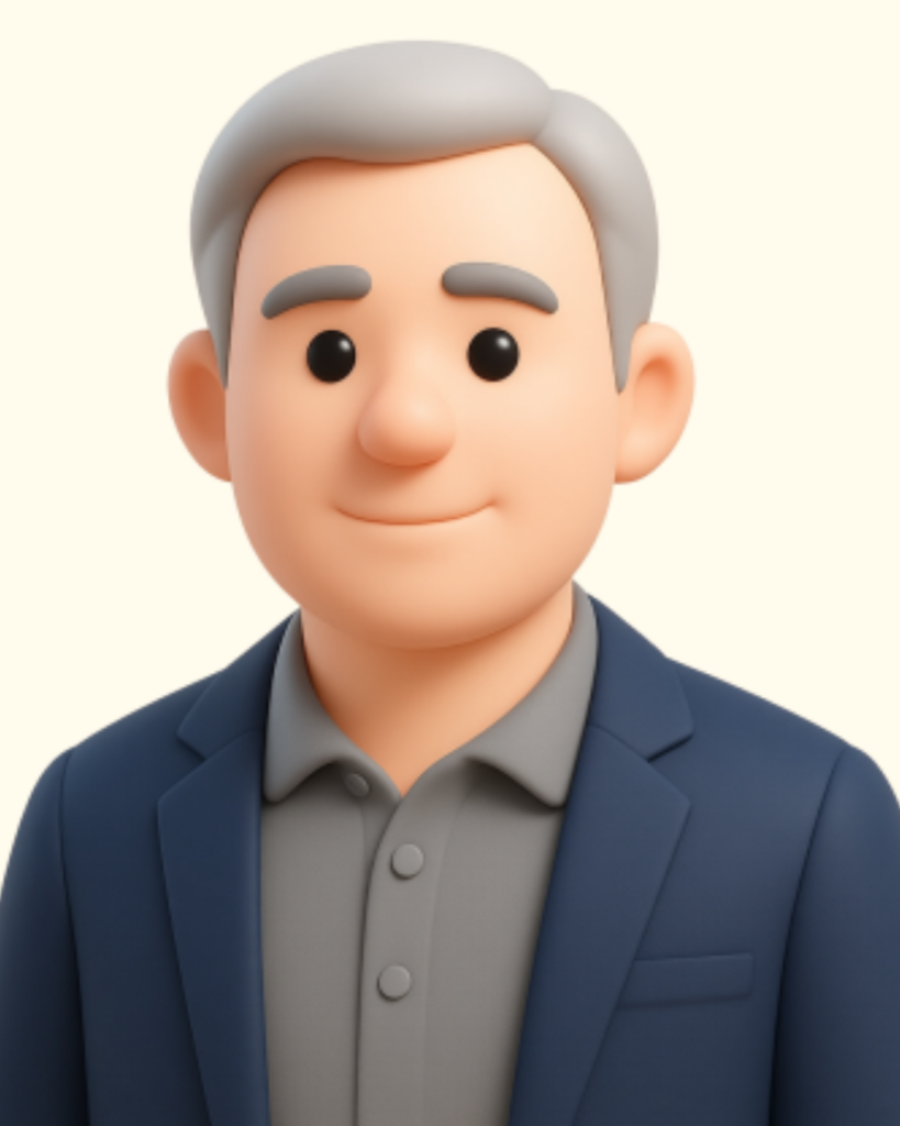 Rozhovory - Tradeinfo 29 - Crypto-Globe.com Smiling elderly man avatar with gray hair, wearing a navy blazer and gray shirt.
