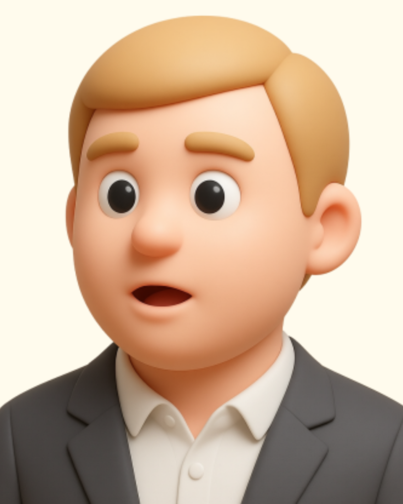 Rozhovory - Tradeinfo 30 - Crypto-Globe.com 3D cartoon man in a suit with a surprised, open-mouthed expression.