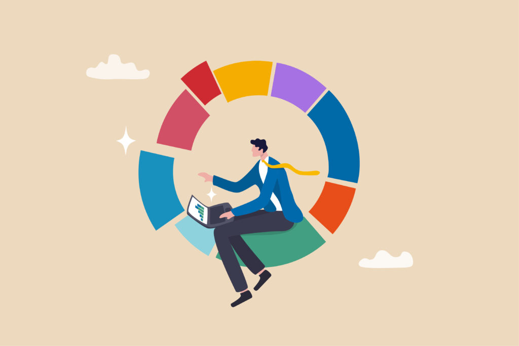 Investment pie chart asset allocation for diversification financial percentage distribution budget or marketing analysis chart diagram concept businessman working with computer laptop on pie chart - Crypto-Globe.com Businessperson in a blue suit with a yellow scarf rides a large multicolored circular arc, laptop open in lap, on a beige background.