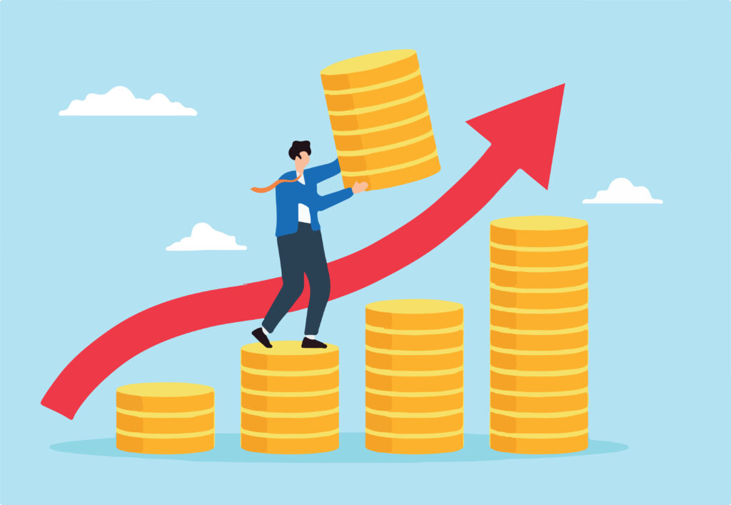 Flat illustration of businessman increase money stack with graph arrow up investment growth financial success compound interest capital gain profit pension fund wealth accumulation - Crypto-Globe.com TOP 10: digitální zlato, digitální aktiva, burza