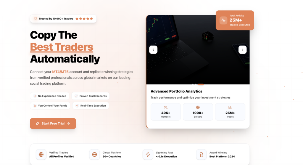 Hero banner with bold headline 'Copy The Best Traders Automatically' and a device mockup showing a trading dashboard on the right.