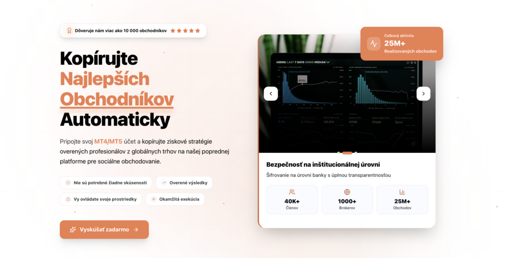 Hlavný banner so sloganom Kopírujte Najlepších Obchodníkov Automaticky a ukážkou grafov na pravej strane.