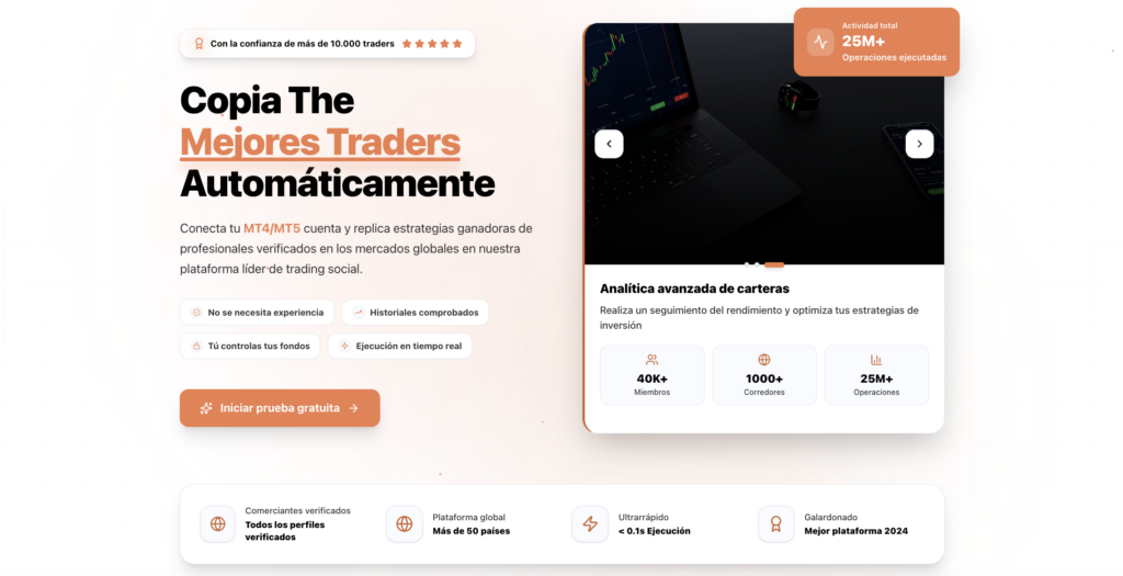 1 španělsky - Crypto-Globe.com Hero section promoting automatic copying of top traders, with large bold Spanish headline on left and a dimmed device image on the right (CTAs below).