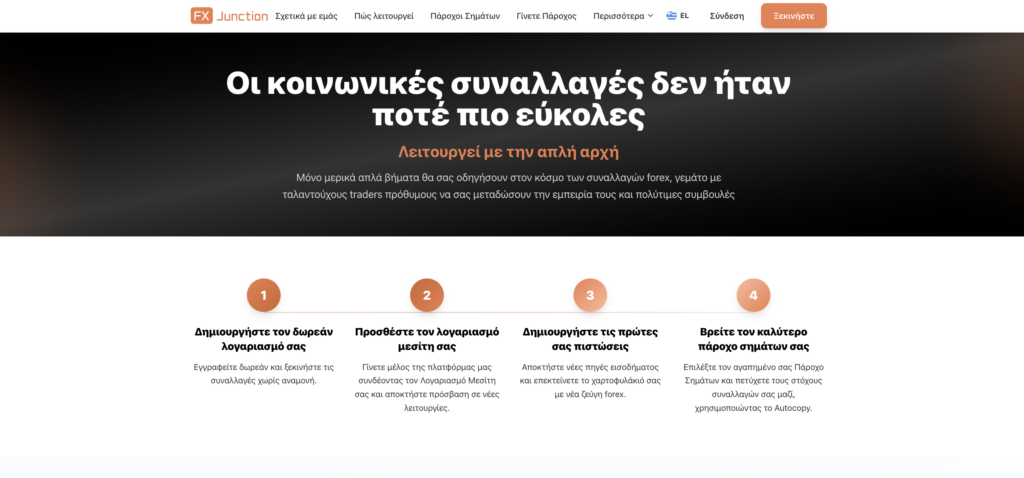 Κεφαλίδα στα Ελληνικά: 'Οι κοινωνικές συναλλαγές δεν ήταν ποτέ πιο εύκολες' με υπότιτλο και τέσσερα βήματα διαδικασίας σε πορτοκαλί αριθμημένους κύκλους, σε οριζόντια προβολή πάνω από τον υπόλοιπο ιστότοπο.