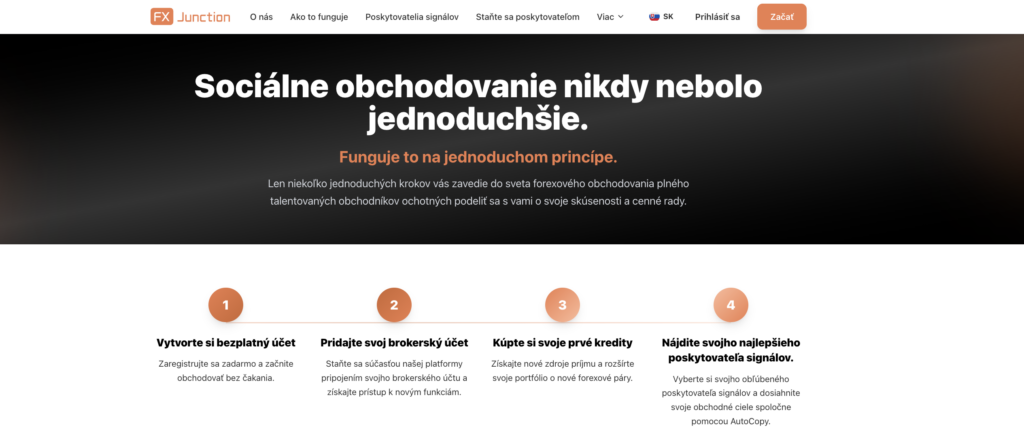 Hero banner in Slovak: large white headline about easy social trading, orange subheading, and a four-step process with orange numbered circles under a dark gradient.