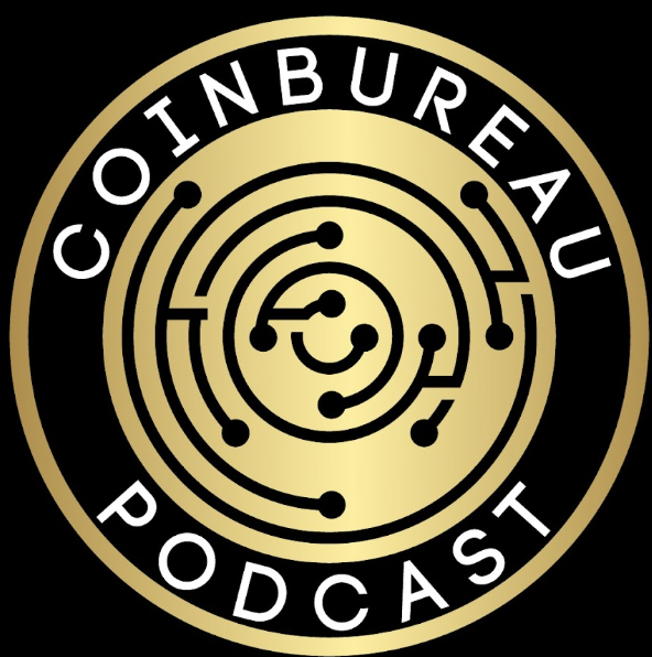 Gold and black circular logo reading 'COINBURGAU PODCAST' around the edge, with a maze-like gold central design and connected nodes.