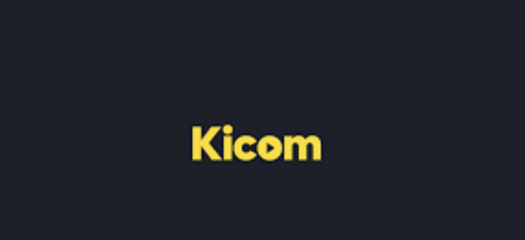 Kicom logo: bold yellow wordmark on a dark navy background.