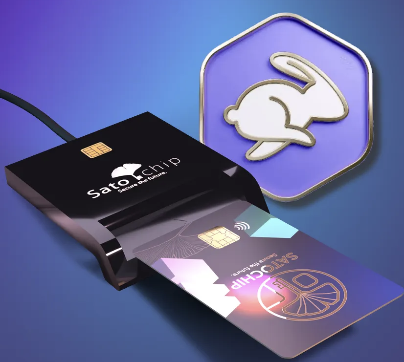 Payment card reader with a purple card sliding out, featuring SatoChip branding and a contactless symbol nearby.