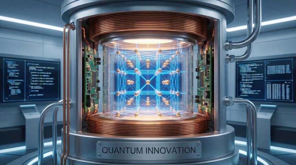 Quantum computing chamber with glowing blue network inside a metallic device labeled 'Quantum Innovation'