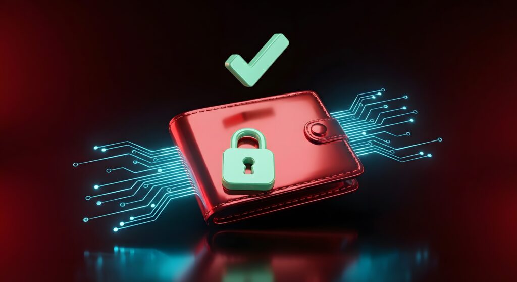 Security concept: a red wallet with a green lock and a floating green checkmark against a dark, techy background with blue circuit lines.