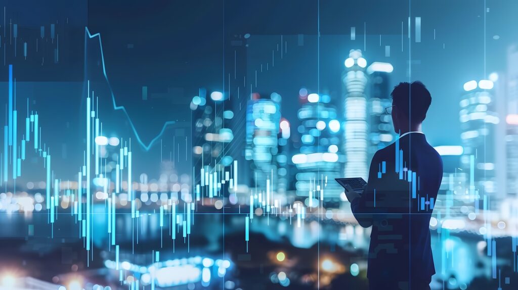 Businessperson in a suit stands with a tablet, overlooking a neon cityscape with blue stock-chart overlays and data lines)