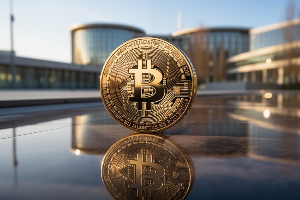 Bitcoin - Crypto-Globe.com Gold Bitcoin coin standing on a reflective surface with modern buildings in the background at sunset. Symbol and circuitry visible on coin surface.