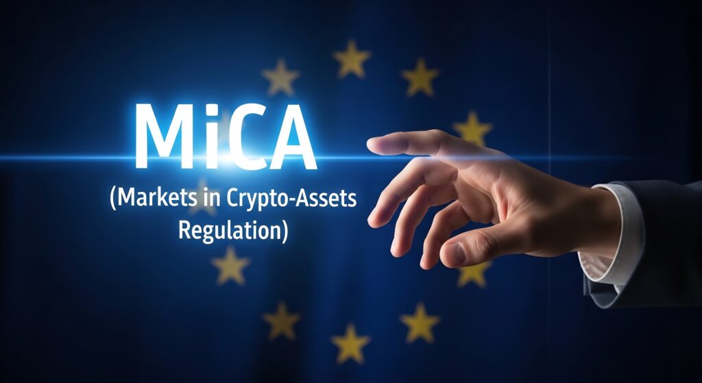 MiCA - Crypto-Globe.com MiCA (Markets in Crypto-Assets Regulation) glowing text on a blue EU flag background with a pointing hand touched halo light route.