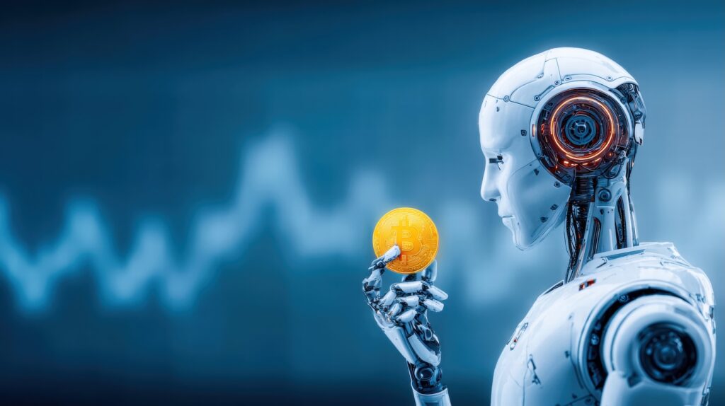 White humanoid robot holding a glowing gold Bitcoin coin against a blue, blurred background.