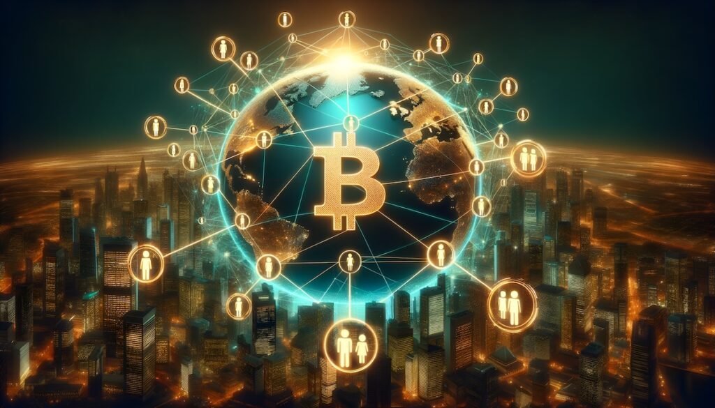 Bitcoin symbol at the center of a glowing globe, connected by network nodes and user icons over a city skyline—illustrating a global blockchain network.