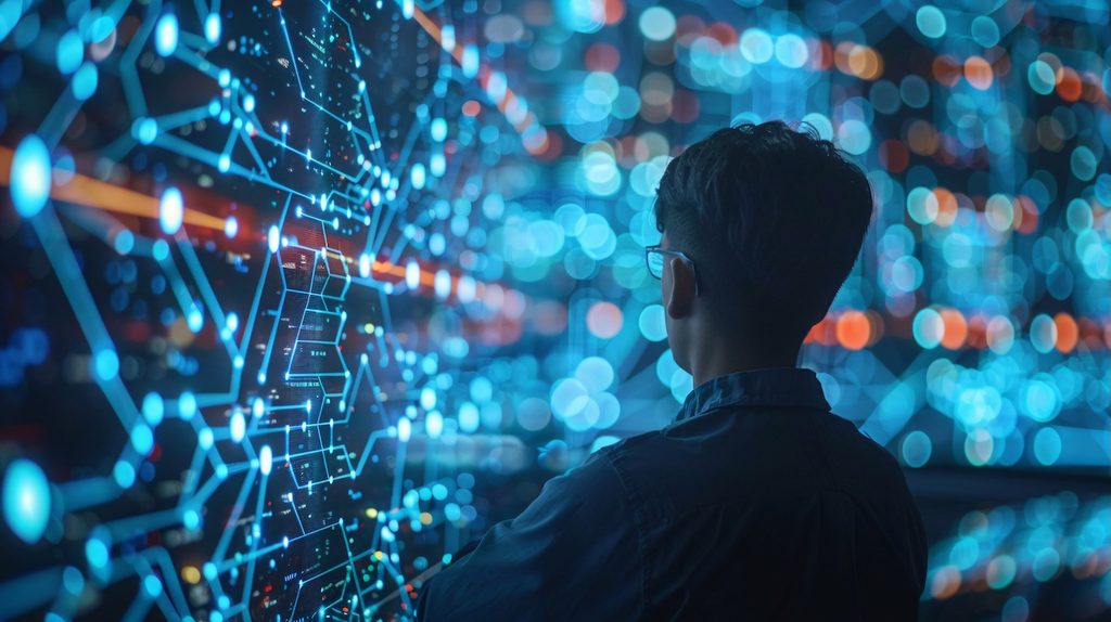 Person stands with back to camera, observing a blue neon network of interconnected circuits and data visuals in a high-tech environment