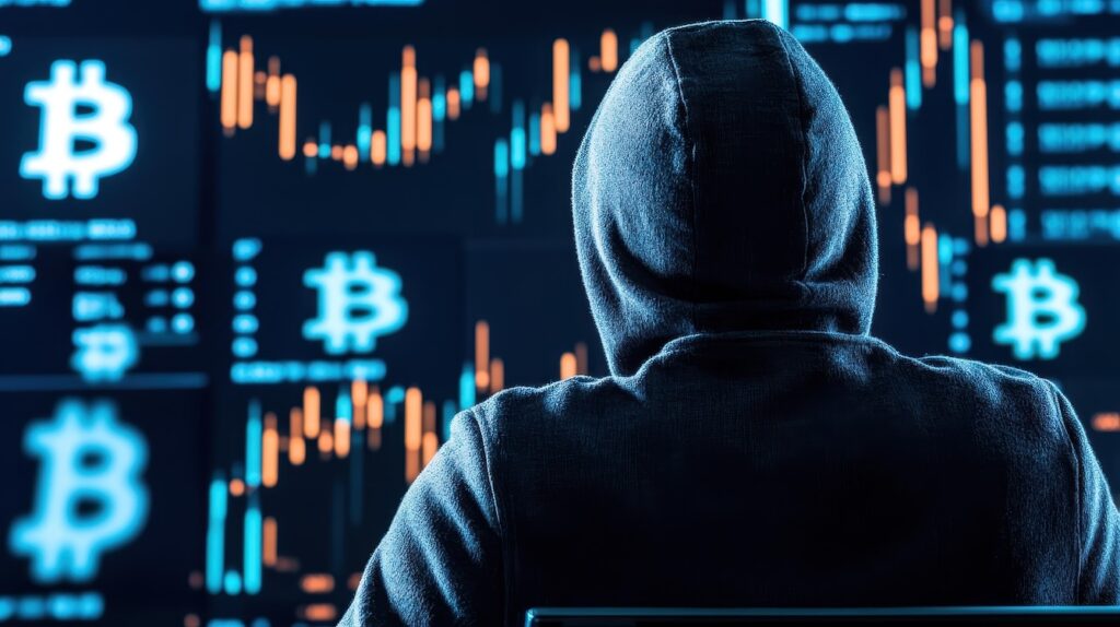 Hooded figure facing glowing cryptocurrency charts and Bitcoin symbols on screens, suggesting cyber hacking or crypto trading.