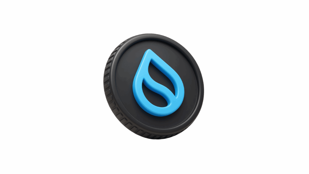 3D black circular button with a blue water droplet logo in the center.