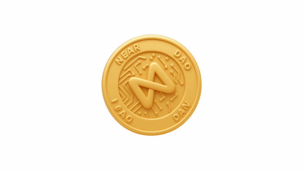 Golden coin with NEAR DAO branding and circuit pattern, resembling a cryptocurrency token logo