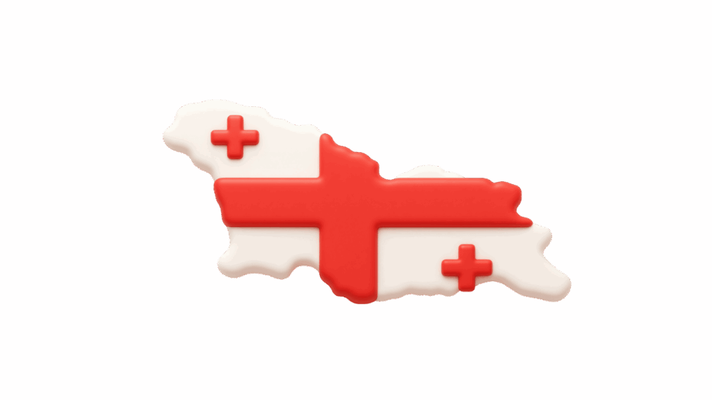 CryptoGlobe - SOME návrhy-79 - Crypto-Globe.com - Crypto-Globe.com Stylized map of Georgia with the national flag pattern: a large red cross and four smaller red crosses on a white background.