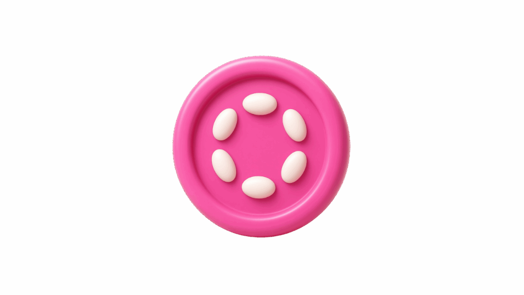 Pink circular button-like object with six white oblong pills arranged in a ring in the center of the circle.