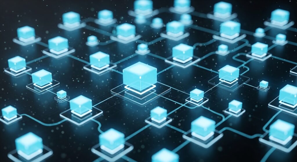 blockchain - Crypto-Globe.com Abstract network of glowing blue cubes connected by lines, representing a blockchain or distributed system.