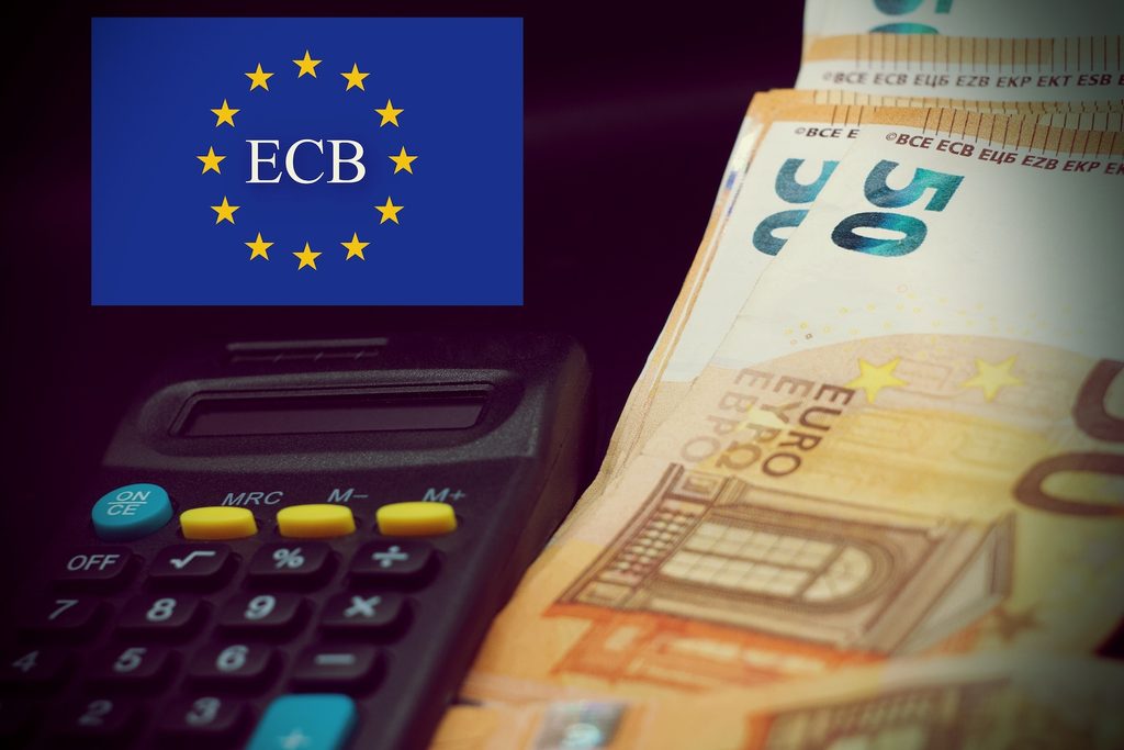 EU flag/logo of the European Central Bank beside a stack of 50-euro banknotes and a calculator, suggesting finance or banking